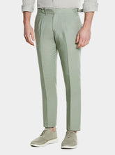 Linen-Blend Trousers with Double Pleats and Buckles