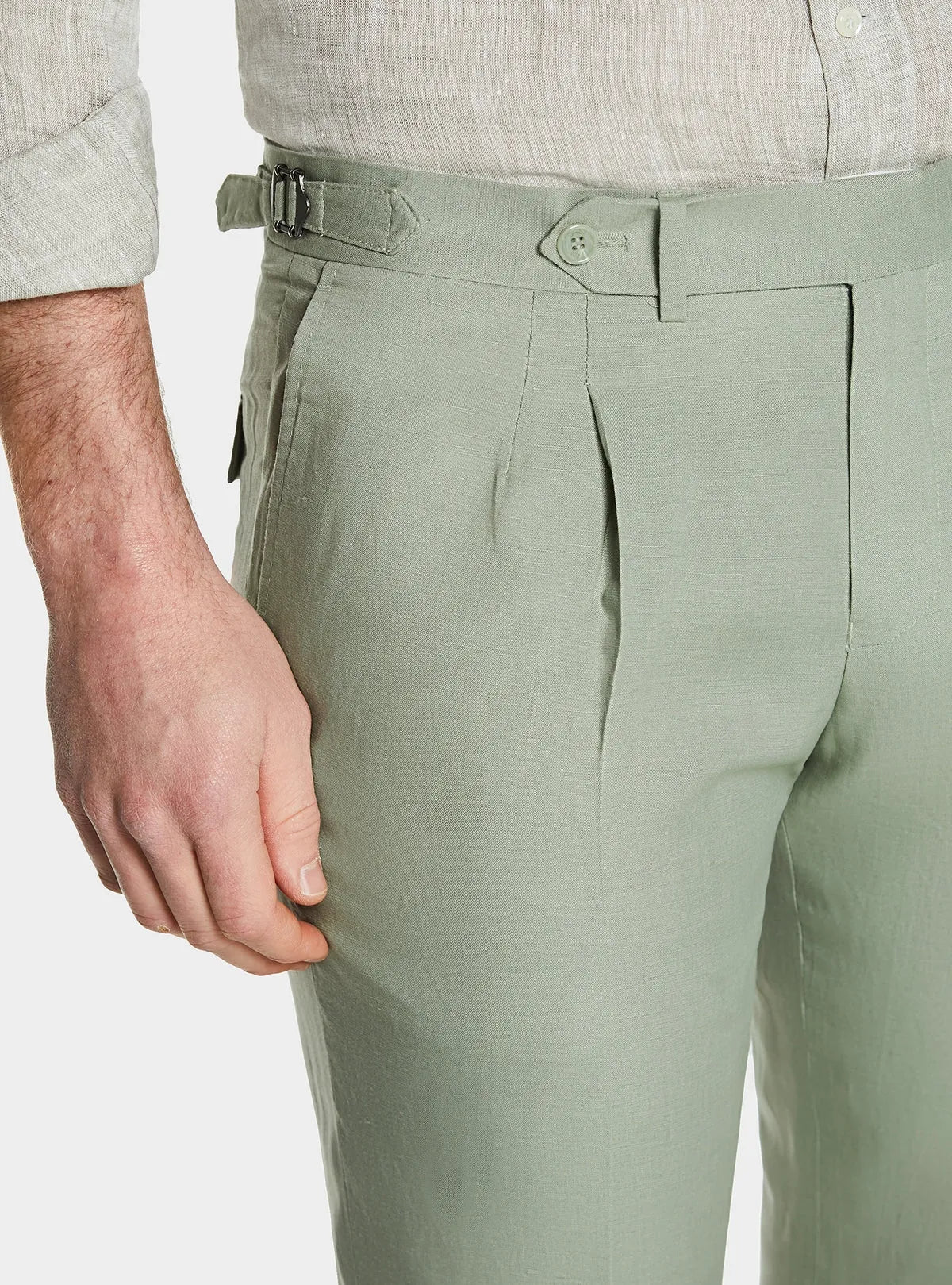 Linen-Blend Trousers with Double Pleats and Buckles