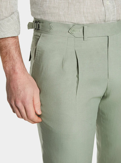 Linen-Blend Trousers with Double Pleats and Buckles
