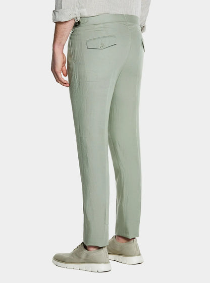 Linen-Blend Trousers with Double Pleats and Buckles